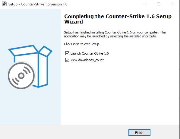 Completing the Counter-Strike 1.6 Setup Wizard screen, confirming that the CS 1.6 download installation is complete and offering options to Launch Counter-Strike 1.6 and View downloads count.