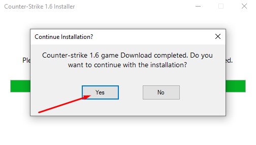  Confirmation pop-up from the Counter-Strike 1.6 Installer stating "Counter-strike 1.6 game Download completed" and asking if the user wants to continue with the installation. This marks the end of the CS 1.6 download phase.