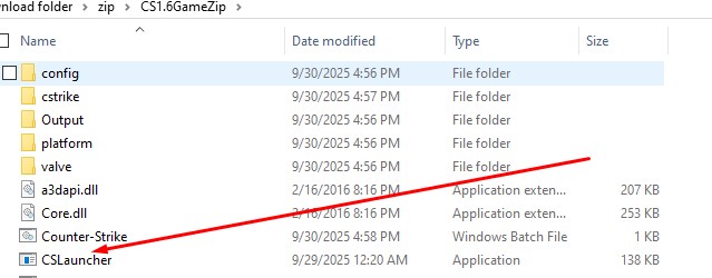  The successfully extracted files of the CS 1.6 download, showing the necessary game folders (cstrike, valve) and the crucial launch files: Counter-Strike (Batch File) and CSLauncher (Application) to start the game after the Counter-Strike 1.6 download.