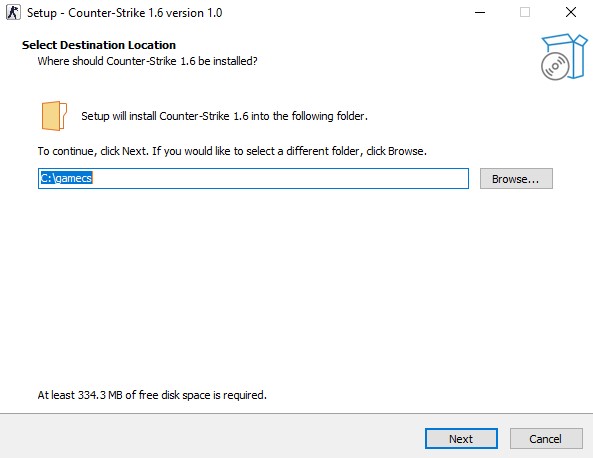 Counter-Strike 1.6 download setup wizard asking to select destination location, showing the default path C:\gamecs. This is the first step in the CS 1.6 download and installation process.
