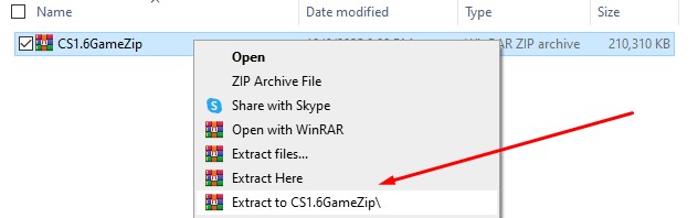  Right-click context menu on the CS 1.6 download ZIP archive, CS1.6GameZip, highlighting the "Extract Here" option. This is the first step after the Counter-Strike 1.6 download to prepare the game files.