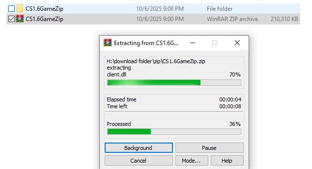 The extraction process is actively running for the CS 1.6 download ZIP archive, showing progress while extracting the file. This is part of the Counter-Strike 1.6 download setup.