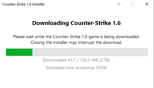 Counter-Strike 1.6 Installer screen showing the active download process, with 43.7 MB of 156.5 MB (27%) downloaded. This is a crucial stage of the CS 1.6 download.