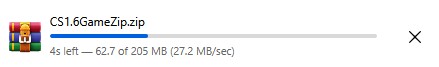 Active download progress of the CS 1.6 download compressed file, CS1.6GameZip.zip. The image shows 62.7 of 205 MB downloaded, indicating an alternative method for Counter-Strike 1.6 download.