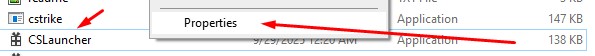 Right-click context menu on the CSLauncher executable file, showing the option "Properties" selected. This is the step to access advanced settings after the Counter-Strike 1.6 download.