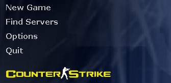  The main menu of Counter-Strike 1.6 after a successful CS 1.6 download, showing the core options: New Game, Find Servers, Options, and Quit.