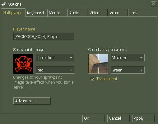  The Multiplayer Options screen in Counter-Strike 1.6 where players can set their Player name (shown as [PROMOCS_COM] Player), select a Spraypaint image, and customize their Crosshair appearance after the Counter-Strike 1.6 download.
