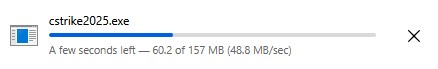 Active download progress of a direct executable, cstrike2025.exe, for a quick Counter-Strike 1.6 download. 