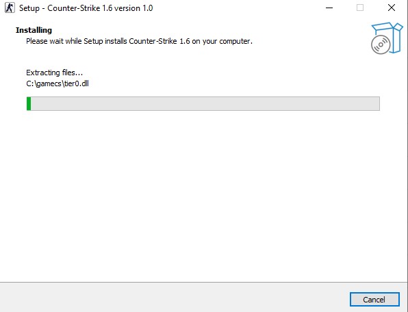 Installing screen of the Counter-Strike 1.6 download setup, showing the progress bar while extracting files, specifically tier0.dll, during the CS 1.6 download installation.