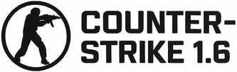 The official black and white logo for Counter-Strike 1.6, featuring the text COUNTER-STRIKE 1.6 and a silhouette of a soldier holding a rifle. The recognizable brand for the CS 1.6 download.