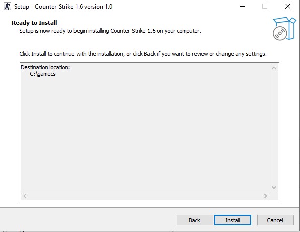 Ready to Install screen of the CS 1.6 download setup wizard, confirming the installation location (C:\gamecs) before starting the final Counter-Strike 1.6 download installation.