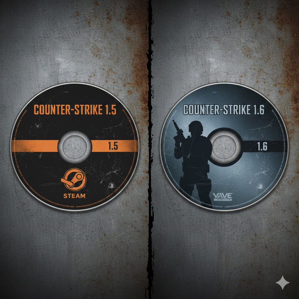 A close-up side-by-side image of two distressed physical game discs: Counter-Strike 1.5 (featuring orange accents and the Steam logo) and Counter-Strike 1.6 (featuring blue/teal accents and a soldier's silhouette). Both discs are set against a dark, rusty metal background, symbolizing the game's long history.
