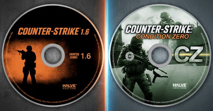 A visual comparison of the original Counter-Strike 1.6 multiplayer title and the mission-based Counter-Strike: Condition Zero game disc, representing the two divergent versions released on the GoldSrc engine.