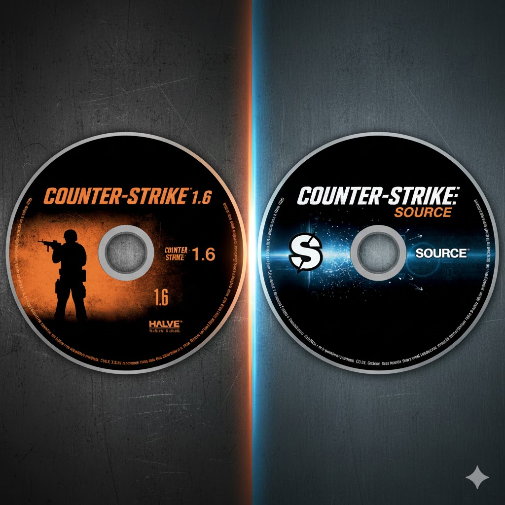 Side-by-side visual comparison of the game discs for the classic Counter-Strike 1.6 and the technologically advanced Counter-Strike: Source, highlighting the shift from the GoldSrc to the Source engine.